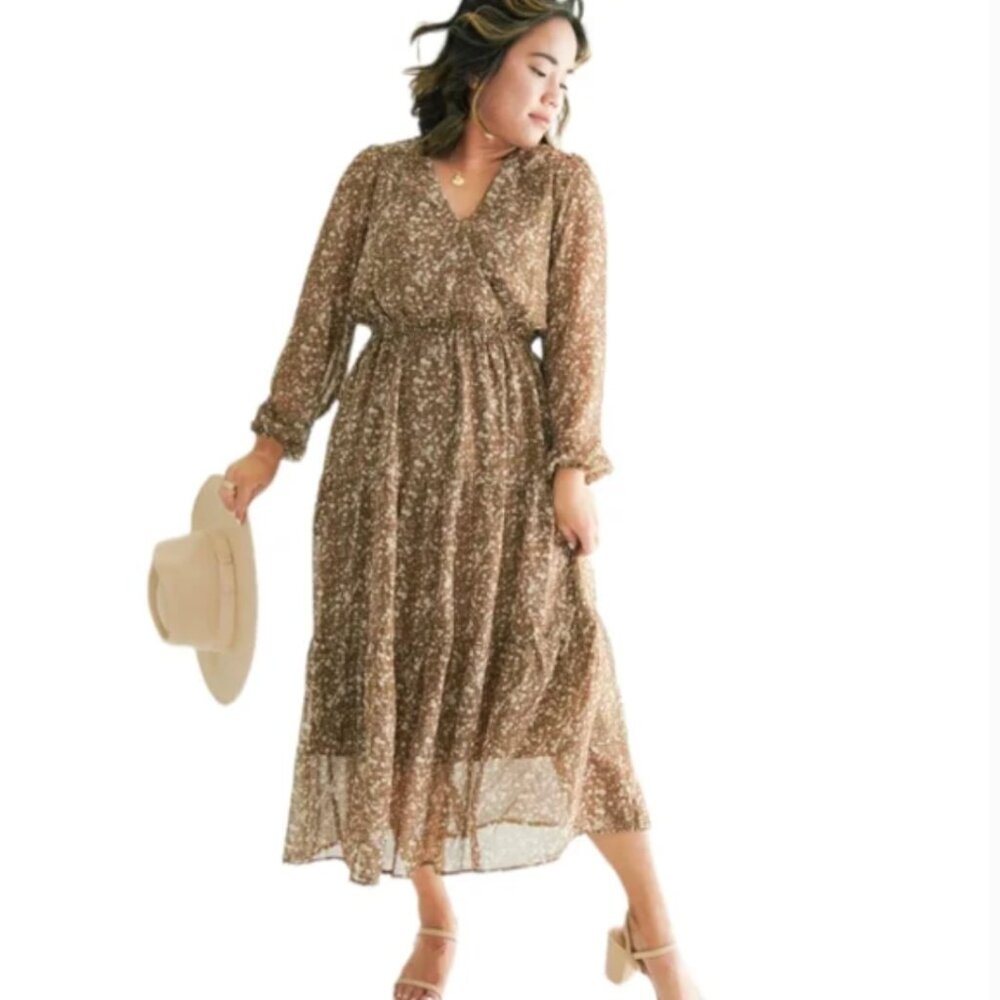 Carol Midi Dress Brown Floral Tiered Lined Sheer Sleeves